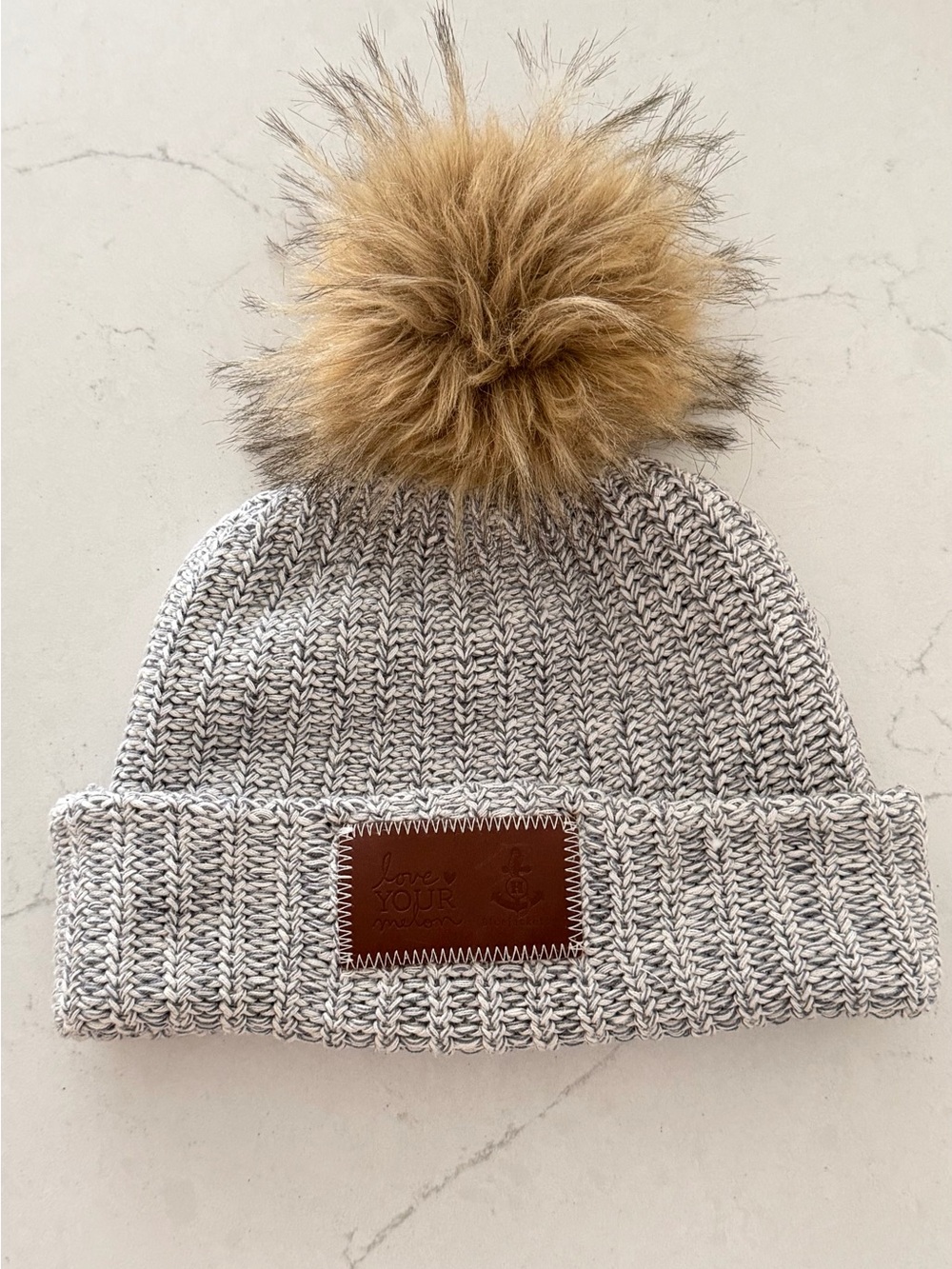 Love Your Melon Gray Knit Beanie with Tan Pom